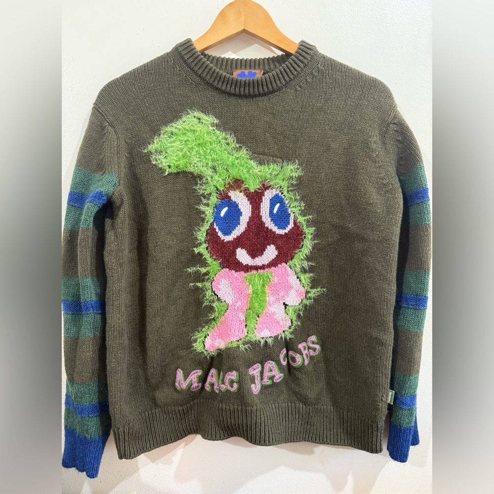HEAVEN Marc Jacobs Olive Green Crewneck Sweater with Pink & Blue Fuzzy Character